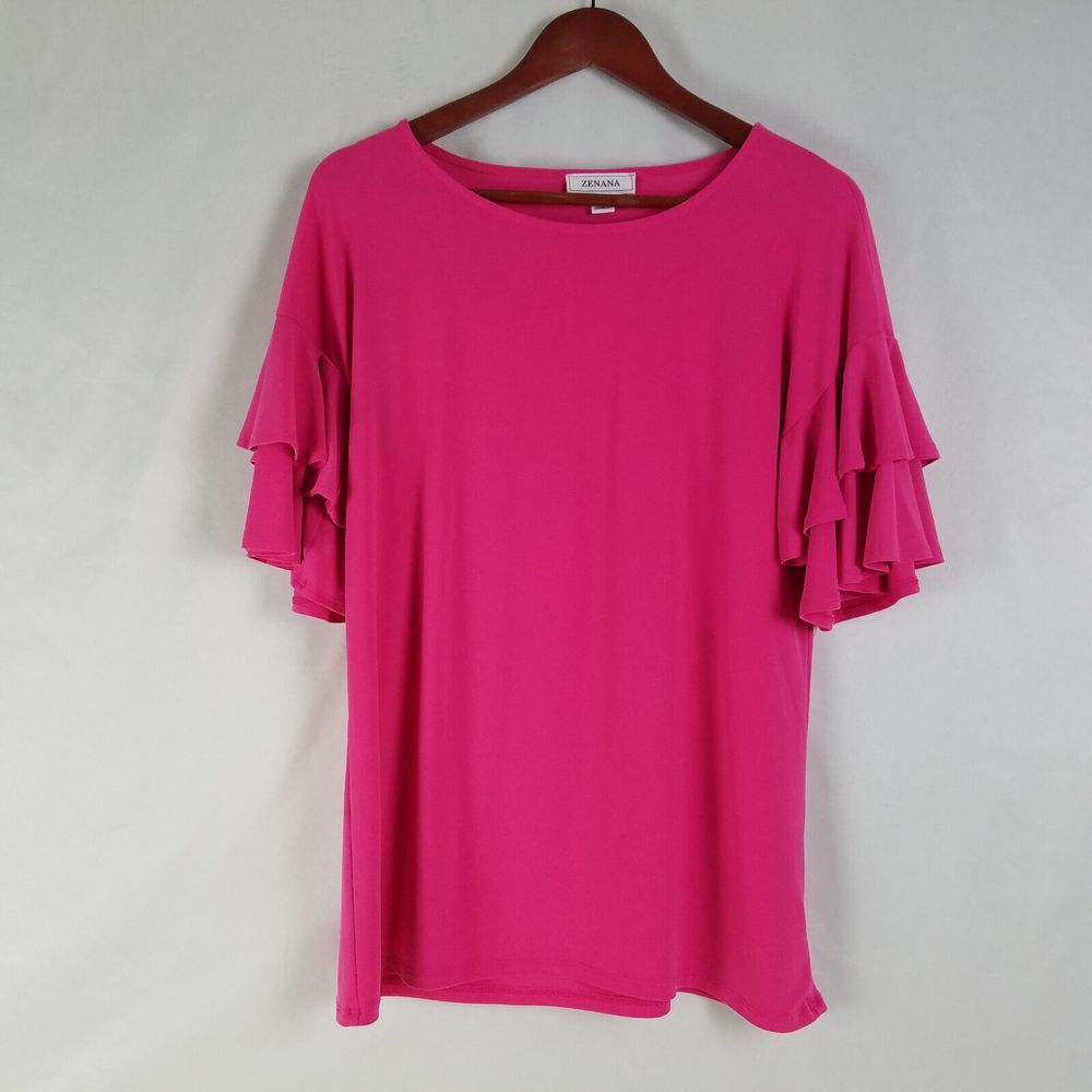Zenana Shirt Womens Small Top Pink Short Layered Bell Sleeve Round Neck Blouse‎